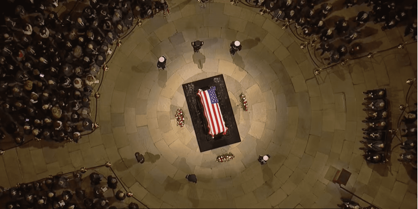 Former President Jimmy Carter lies in state in the Capitol Rotunda on Wednesday in Washington, D.C. His state funeral will be held on Thursday, which has been declared a local holiday in the U.S. Virgin Islands. (Screenshot from C-SPAN)